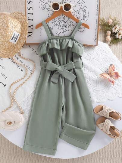 Young Girl Summer Girls Fashion Casual Sleeveless Waisted Jumpsuit & Wide Leg Pants Set, Suitable For Daily, Outdoor, Street, School, Commute, Vacation