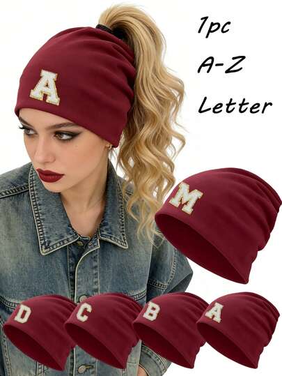 1pc Women's Casual Knit Beanie Hat, Soft & Comfortable Knitted Hat With Ponytail Hole, Suitable For Buns, Warm & Fashionable Slouchy Hat For Casual & Outdoor Sports, Slimming