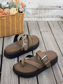 可调节松紧带，时尚金属扣装饰，露趾，厚底拖鞋，时尚凉拖，舒适防滑，百搭易清洁，沙滩人字拖，适合日常穿着 - 棕色 - 查看 5