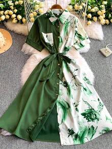 Vintage Waist Cinching Short Sleeve Dress Women Mid Length A Line Shirt Style Skirt,New Year Outfit Women,Valentine Dresses,Valentine's Day Outfit Women - màu xanh lá - Xem 2