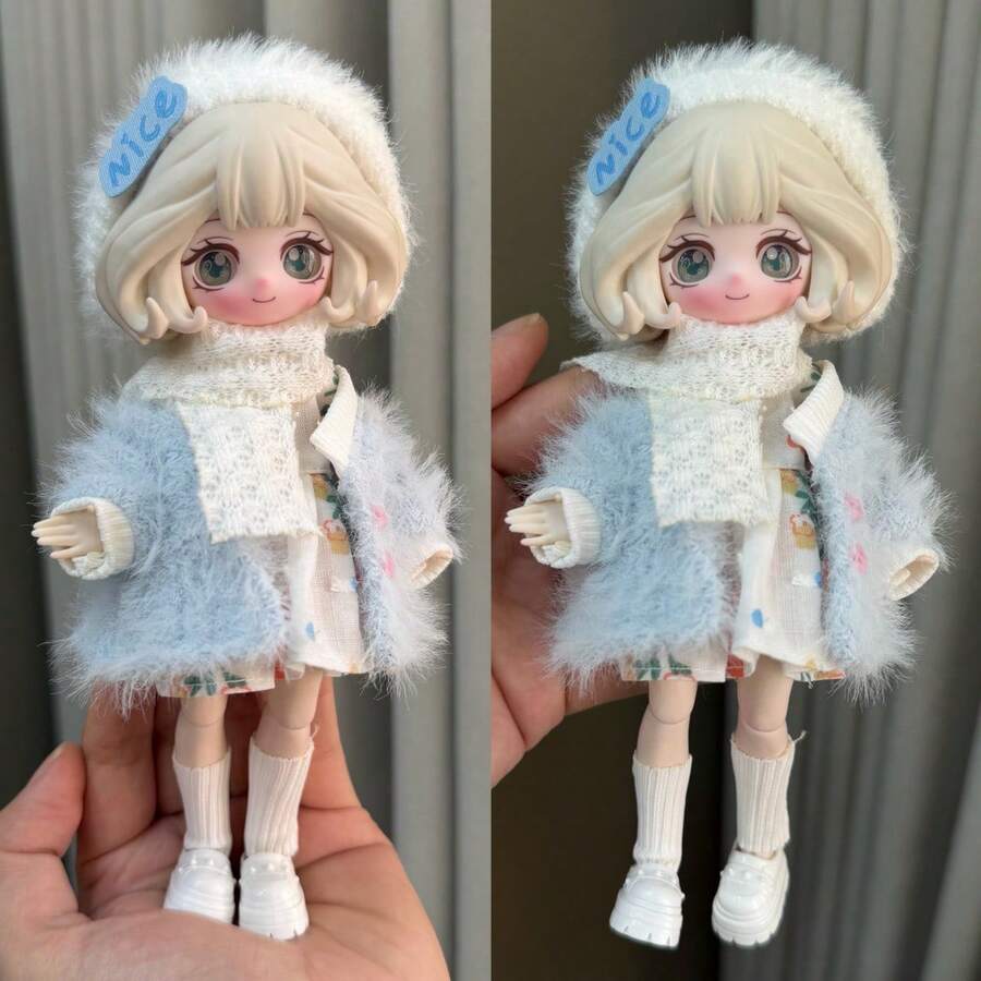 OB11 Doll Clothes 8-Piece Set: Retro Plaid Fluffy Jacket, Denim Overalls, Cute Bear Hoodie Sweatshirt, Multi-Style Interchangeable Accessories (Doll And Shoes Not Included) - Multicolor - View 1