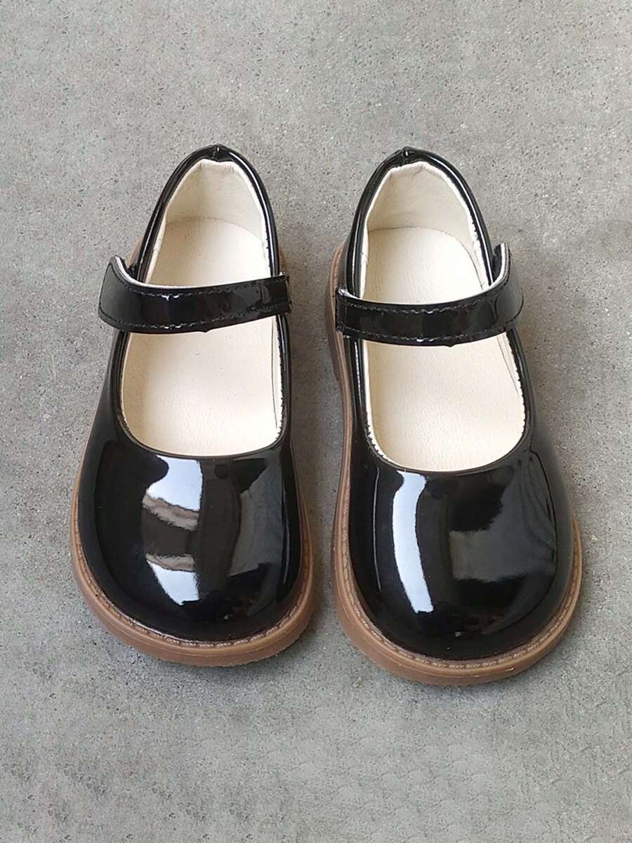 1双女童可爱亮面漆皮公主平底鞋，透气软底防滑多功能儿童乐福鞋，简约时尚婴幼儿学步鞋，魔术贴方便穿脱玛丽珍鞋，适合春、夏、秋季穿着 - 黑色 - 查看 1
