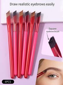 6pcs Wild Eyebrow Brushes, Square 3D Synthetic Eyebrow Makeup Brushes, Beginner-Friendly Eyebrow Grooming Makeup Tools - Red - View 9
