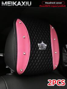 MEIKAXIU 1/2pcs Soft Leather Embroidered Rhinestone Bling Bling Crown Car Headrest Cover, Comfortable Car Decor Accessories - PU Leather Color-blocked Embroidered Diamond Crown - View 15