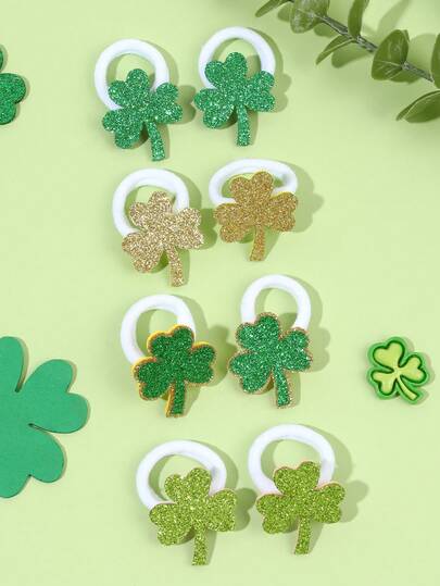 8个装圣帕特里克节绿色发圈，女童布艺三叶草装饰发圈，三叶草发饰，时尚鳄鱼夹，圣帕特里克节女童派对礼物