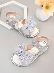 2026 New Girls Summer Sandals, Silver Glitter Bow Soft Bottom Non-Slip Hook And Loop Toddler Princess Open Toe Sandals - Silver - View 2