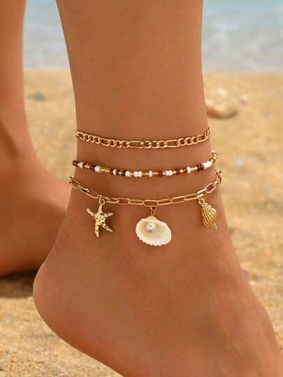 3pcs/Set Bohemian Style Natural Shell & Faux Pearl Beaded Multi-Layer Anklet, Handmade Glass Bead Foot Jewelry, Fashion Accessory For Daily Wear, Beach, Party, Music Festival