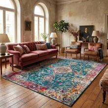 1pc Gold Diamond Velvet + 850g/㎡ + Embossed Base. This Patterned Carpet Features A Modern Holiday Design With A Bohemian Style, Providing Nordic And American Styles. Can Be Washed In Morocco, Very Suitable For Yards, Patios, Balconies, Outdoor Areas And Living Rooms. With Anti-Slip Design And Short Pile, Easy To Maintain. - Multicolor - View 4