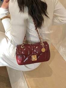 Fashion Classic Joker Solid Color PuWaterproof Fabric, Diamond Lattice SplicingDesign Chain Square Bag, Twist Lock OpeningAnd Closing Design, Burgundy Bag Ls SuitableFor Traveling And Shopping, Commuting ToWork, And Attending Parties - Burgundy - View 6