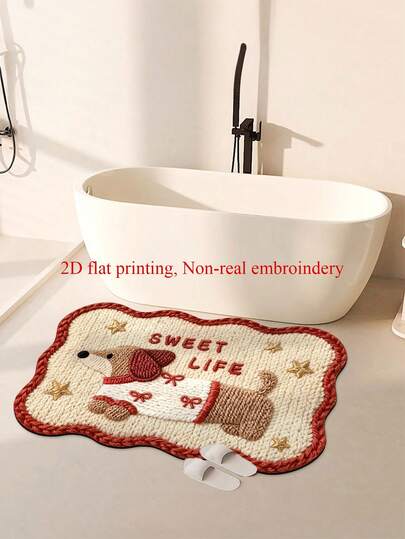 1 Piece Of Red Cartoon Printing Pattern Puppy Bathroom Rug, Rubber Anti-Slip Mats, Minimalist Flower Design, Bath Rug, Absorbent And Stain Resistant,Room Decor, Kitchen Rug,Suitable For Bath Mat, Kitchen Rug, And Door Mats.