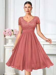 MIUSOL Sequin Floral Lace V-Neck Ruffle Hem Chiffon Cocktail Party Swing Dress - Dusty Pink - View 4