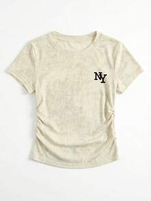 Casual Letter Print Fitted Short Sleeve T-Shirt, Versatile For Spring/Summer, Japanese Style - Apricot - View 5