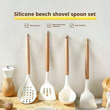 Silicone Kitchenware Set, Heat Resistant Non-Stick Pot Spatula, Soup Ladle, Cooking Spoon With Wooden Handle - White - View 8