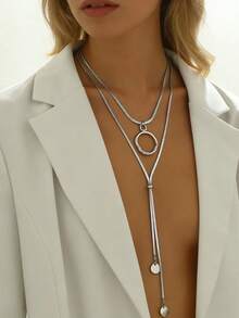Collar largo en forma de Y con cadena de serpiente, estilo minimalista europeo y americano - Plateado - Ver 1
