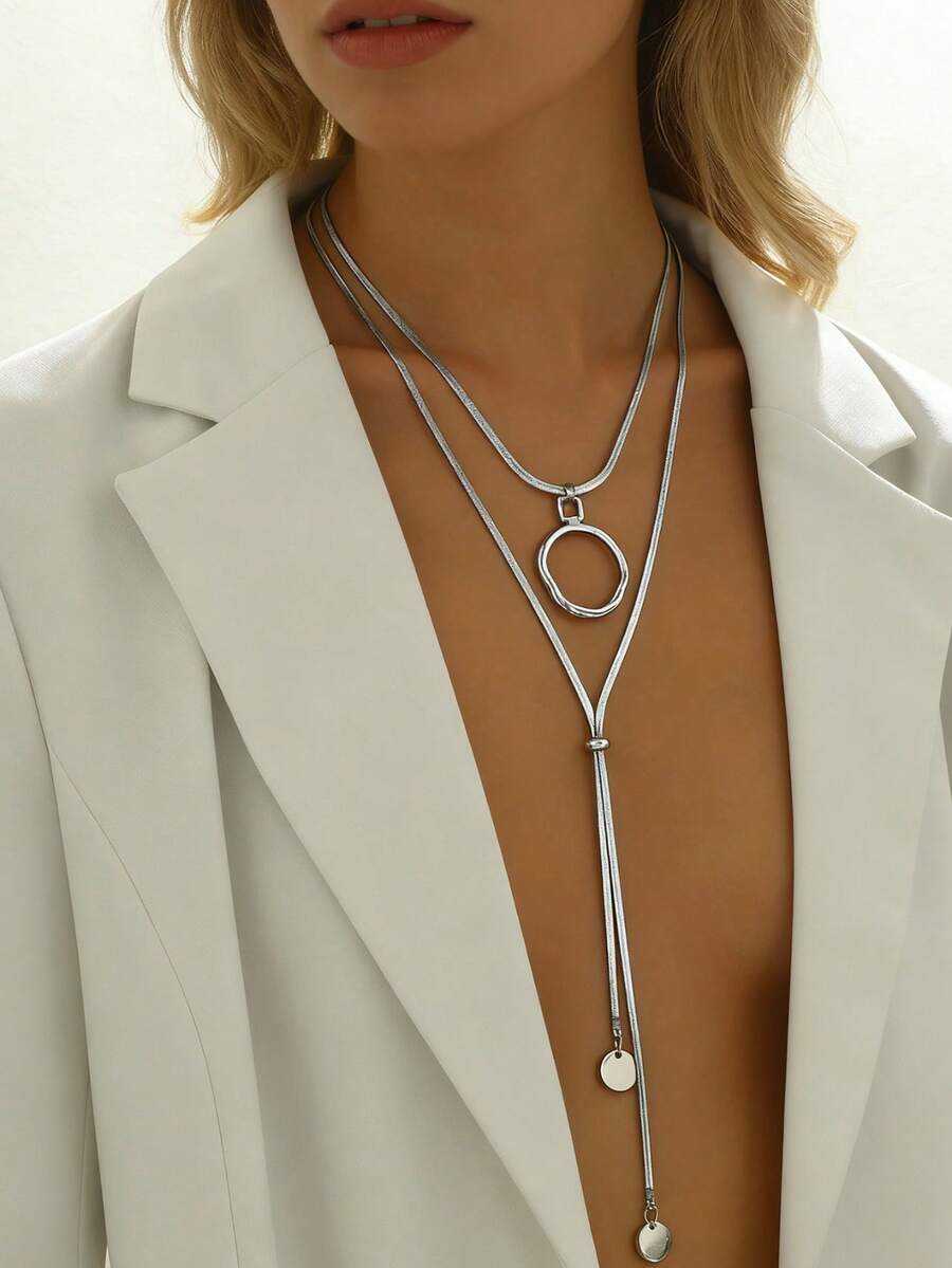 Collar largo en forma de Y con cadena de serpiente, estilo minimalista europeo y americano - Plateado - Ver 1
