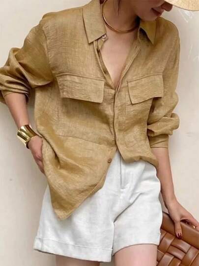 เสื้อเบลาส์สีพื้นโพลีเอสเตอร์ทรงลำลองกระเป๋าคู่สุดหรูหรา เหมาะสำหรับออกเดท, ใส่ในชีวิตประจำวัน, ทุกฤดูใบไม้ผลิ