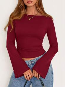 Fall New Arrival Women's Long-Sleeve Top Crop-Top Style Casual Outerwear Boat Neck With Bell Sleeves Ribbed Pleated Design Millennial-Inspired Fashion - 酒紅色 - 查看 1