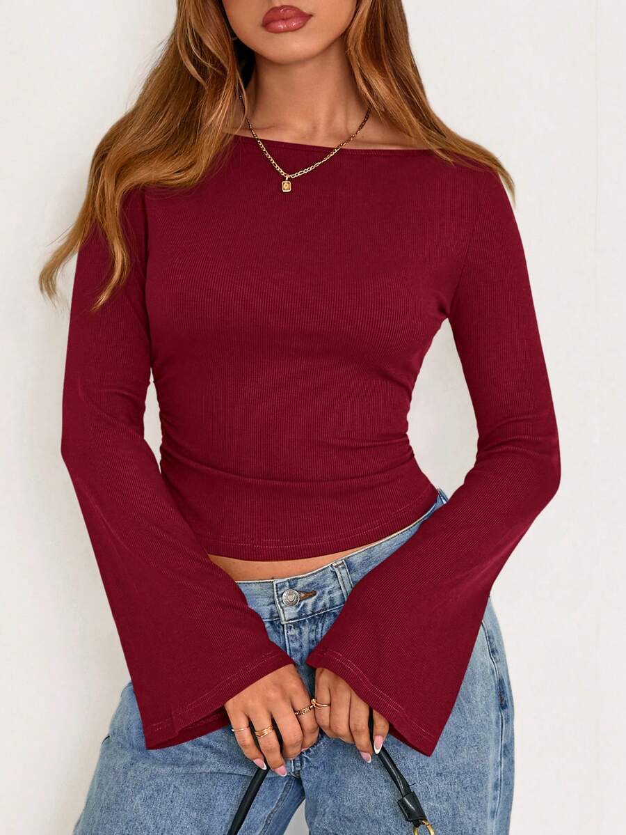 Fall New Arrival Women's Long-Sleeve Top Crop-Top Style Casual Outerwear Boat Neck With Bell Sleeves Ribbed Pleated Design Millennial-Inspired Fashion - 酒紅色 - 查看 1