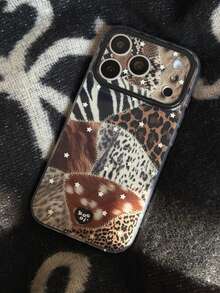 秋冬甜美辣妹拼接动物纹星空图案手机壳,兼容 17 Pro Max、16 Pro、13、14 Pro、15 Pro,创意双层防震手机壳 - 彩色 - 查看 2