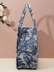 1pc Spring New Embroidered Jacquard Large Capacity Handbag Shoulder Bag (Pattern Random), Burgundy Tote Bag - Blue - View 3