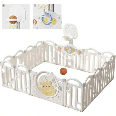 ベビーサークル 折りたたみ 187*150*61cm 16枚セット キッズランド プレイヤード ベビーサークル 大きめ 滑り止め付 ドア付き 安全設計 簡単組立 バスケットとボールとリング付き (ホワイト)