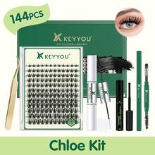 Kit de Extensión de Pestañas DIY KEYYOU - Set Profesional 144 Pestañas Clúster + Adhesivo Profesional, Removedor, Cepillos y Accesorios para Extensiones Seguras en Casa​ - Pestañas Ojos de Gato - Ver 10