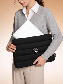 CHANEL Bolso para laptop con diseño acolchado negro, forro a rayas con acolchado, bolso portátil para ir al trabajo - Negro - Ver 2