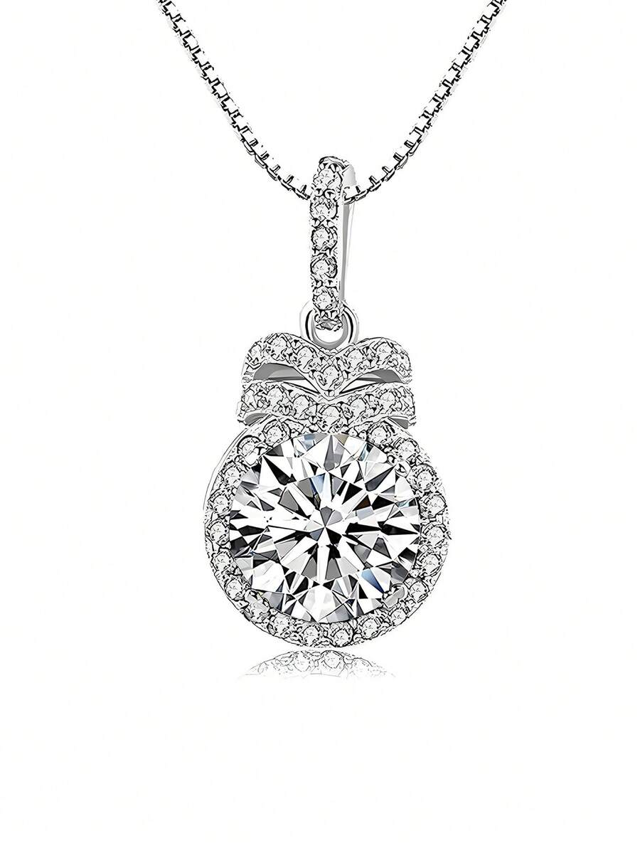 Adjustable Pure Silver Necklace With Cubic Zirconia Water Drop Pendant, Classic Hypoallergenic Necklace For Women, Fashionable Daily Wear, Birthday Gift - Silver - View 1