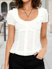 Women T-Shirt, Crew Neck Short Sleeve Ruffled Hollowed Summer Tops For Casual Daily - 白色 - 查看 2