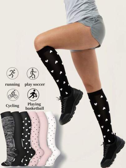 1/3/6 Pairs Compression Socks For Women, Cute Pattern Breathable High Tube Socks For Running Fitness Skipping Sports, Gym