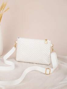 Fashionable Black Quilted Women's Crossbody Bag With Adjustable Gold-Tone M Logo Strap, Casual Daily Shoulder Bag, Lightweight Zipper Clutch - White - View 4
