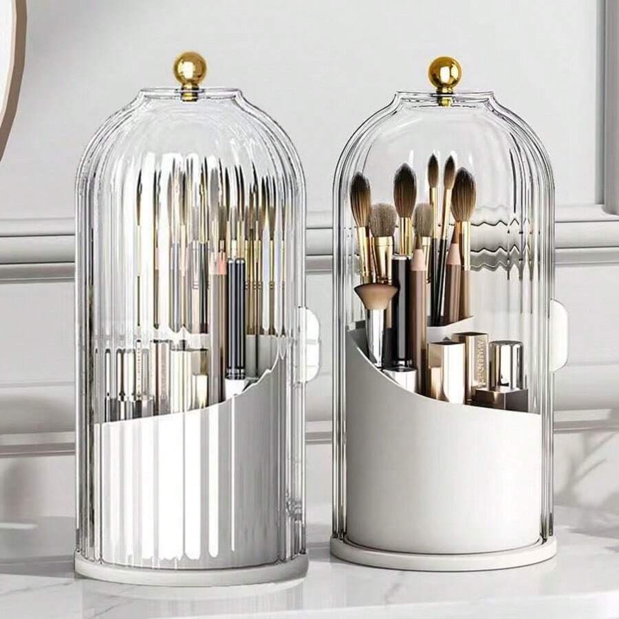 Makeup Brush Holder Organizers With Transparent Door Lid,360 Rotating Makeup For Vanity Bathroom, Desktop Countertop Storage, Make Up Container Spinning Brush Holder - 白色 - 查看 1