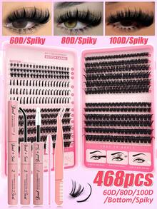 Rikuaild 468pcs Eyelash Extension Kit, Includes 5-7mm Lower Lashes, 16-20mm Spiky Lashes, 8-16mm Fluffy Mixed Thickness Lashes (60D+80D+100D) For Thick Manga-Style Lashes, 2-In-1 Lash Glue, Tweezers, Brush - Lash Tool Set For Party, Vacation, Travel - 彩色 - 查看 1