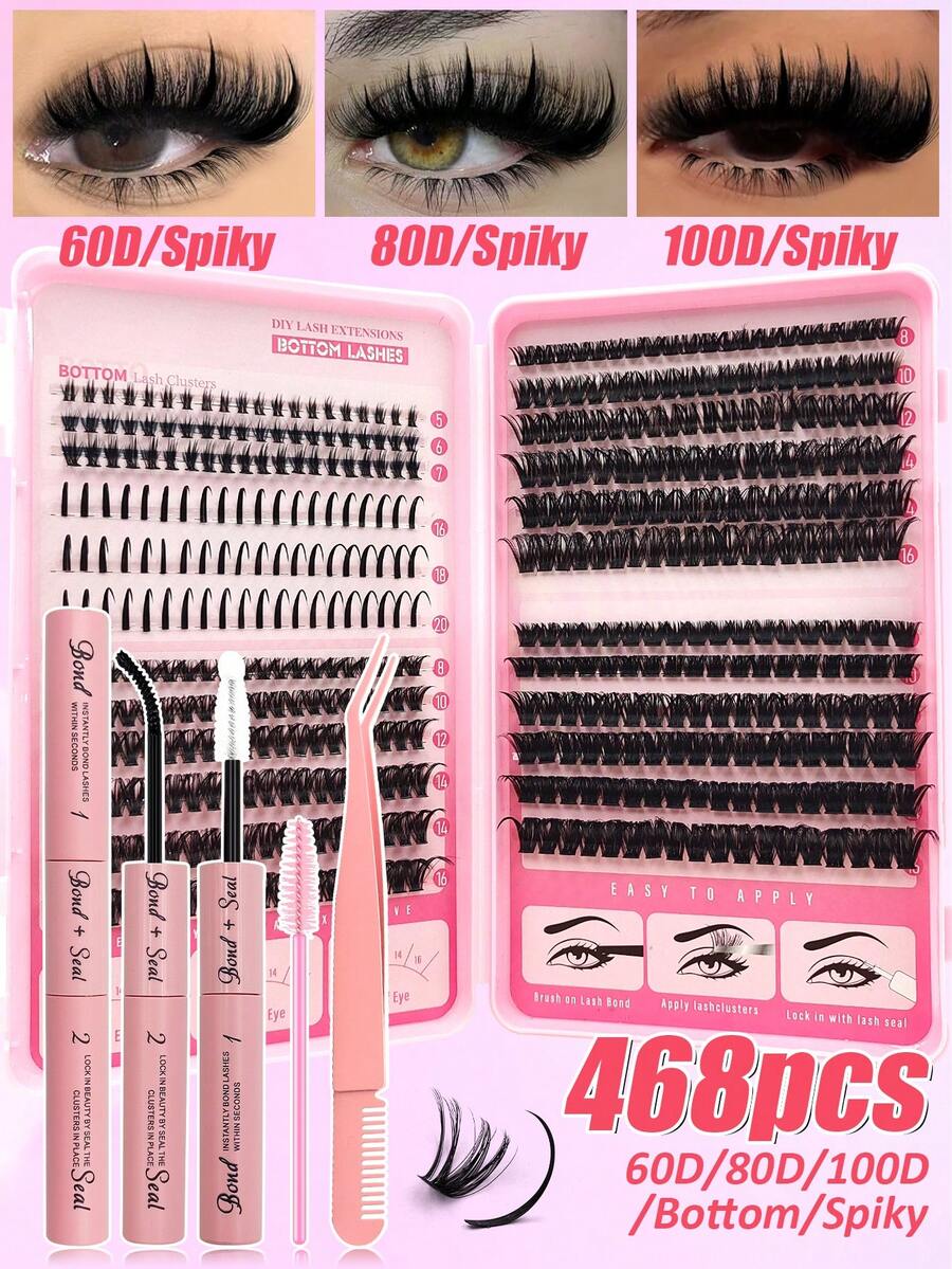Rikuaild 468pcs Eyelash Extension Kit, Includes 5-7mm Lower Lashes, 16-20mm Spiky Lashes, 8-16mm Fluffy Mixed Thickness Lashes (60D+80D+100D) For Thick Manga-Style Lashes, 2-In-1 Lash Glue, Tweezers, Brush - Lash Tool Set For Party, Vacation, Travel - 彩色 - 查看 1