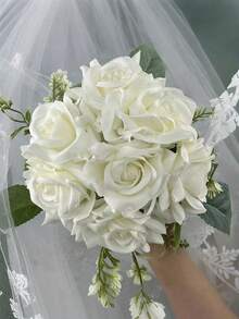 1pc Mini Bridesmaid Rose Bouquet, Artificial Flowers, Suitable For Weddings, Parties, Photo Decoration, Valentine's Day - White - View 5