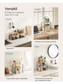 SONGMICS Organizadores de Cocina, Juego de 4 Estantes de Cocina, Apilables, Expandibles, Metal y Madera de Ingeniería, Negro y Natural MKCS10NB - Negro + Natural - Ver 6