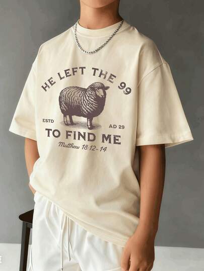1pc Boys' Casual Round Neck Short Sleeve T-Shirt With Colorful English Letter & Sheep Print, Summer Student Wear