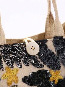 1 chiếc túi tote vải lanh phối lưới đính sequin nhiều màu sắc, thiết kế thêu hoa lá thời trang, túi đeo vai vuông dung tích lớn, túi mua sắm đi biển thường ngày (Họa tiết hoa được phân bố ngẫu nhiên) - màu đen - Xem 9