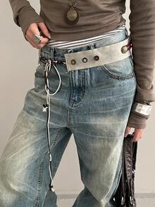 1条米色PU材质女士个性化铆钉绳结腰带 - 米色 - 查看 1