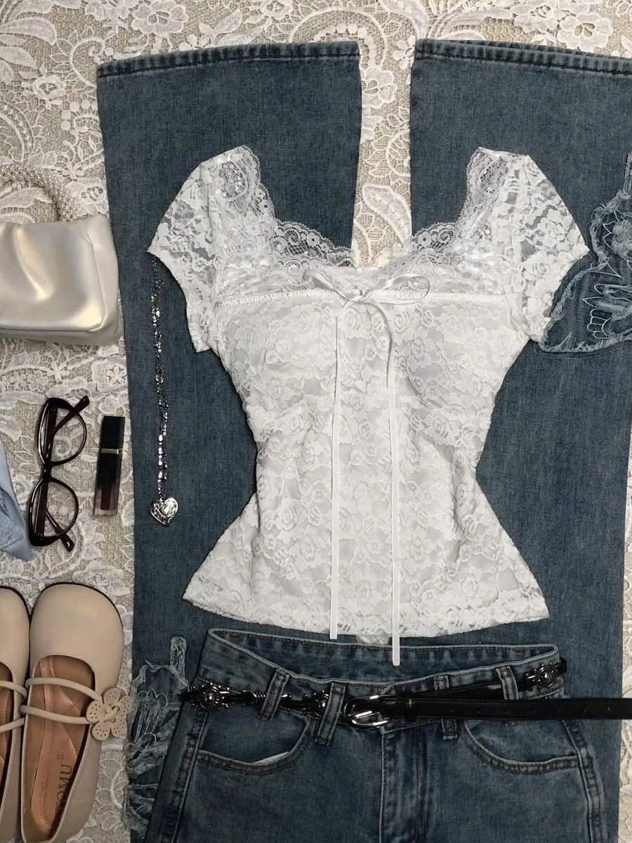 Nova Top de Manga Curta com Recorte de Renda Elástica, Adequada para Férias e Festas, Branca para Primavera/Verão - Branco - Visão 1