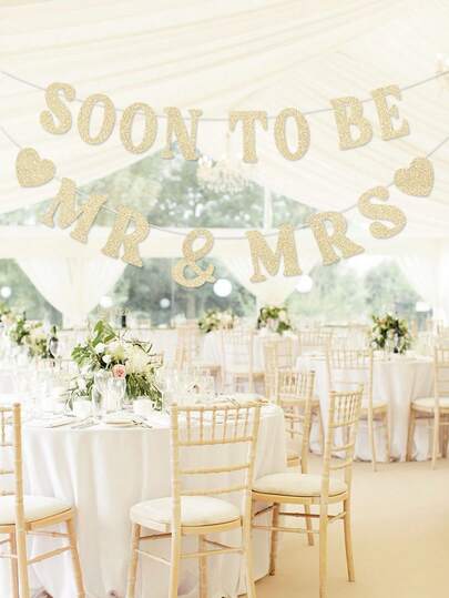 Champagne Gold Soon To Be Mr & Mrs Decorative Banner - Sparkling Mr & Mrs Wedding Party Heart Banner - Suitable For Wedding, Engagement Party, Bachelorette Party Background Decoration Supplies