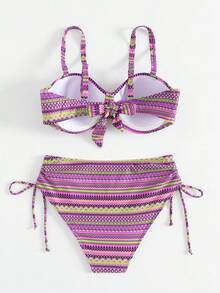 女士两件式泳衣套装，复古印花，高弹针织面料，82% 涤纶 + 18% 氨纶，几何图案，抽绳设计，上衣 195gsm，里料 130gsm，夏季海滩度假装 - 紫色 - 查看 5
