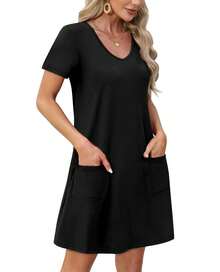 Ladies' Print V-Neck Casual Relaxed And Comfortable Dress For Summer, Short Sleeve Casual Loose T Shirt Sundress Beach Cover Ups With Pockets. L-2XL - 黑色 - 查看 3