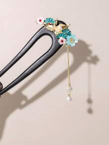 1件热带佩斯利花纹复古印花，木纹，郁金香花鸟图案，闪亮宫鹤，优雅复古波西米亚风木质U型发夹，新款流苏花朵发饰，汉服旗袍头饰，四季皆宜，发髻延长器，发夹，女士发饰 - 彩色 - 查看 11