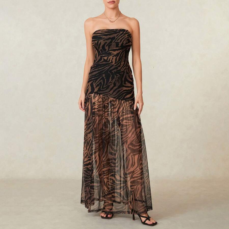 Women's Tube Top Dress Slim Strapless Backless Mesh Patchwork Tropical Leopard Print High Slit Long Dress for Party Club Night - Marrón - Ver 1