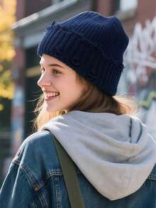 1PC New Autumn And Winter Women's Perforated Cold Hat, Versatile Knitted Pile Hat, Loose Big Head Circumference Yarn Hat - Multicolor - View 7