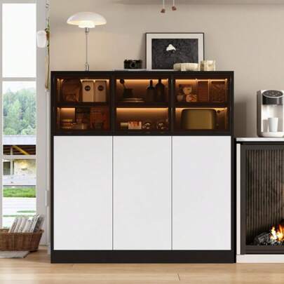 Sideboard,Küchenschrank, Aufbewahrungsschrank. Geeignet Für Wohnzimmer, Küche, Esszimmer, Mit Beleuchtung, 3 Glastüren, 3 White Türen, 100 X 40 X 105 Cm