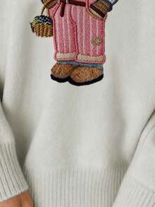 Suéter de tricô folgado e oversized, com estampa de ursinho de pelúcia, gola redonda e mangas compridas, novidade da coleção primavera 2026. - Cinza - Ver 4