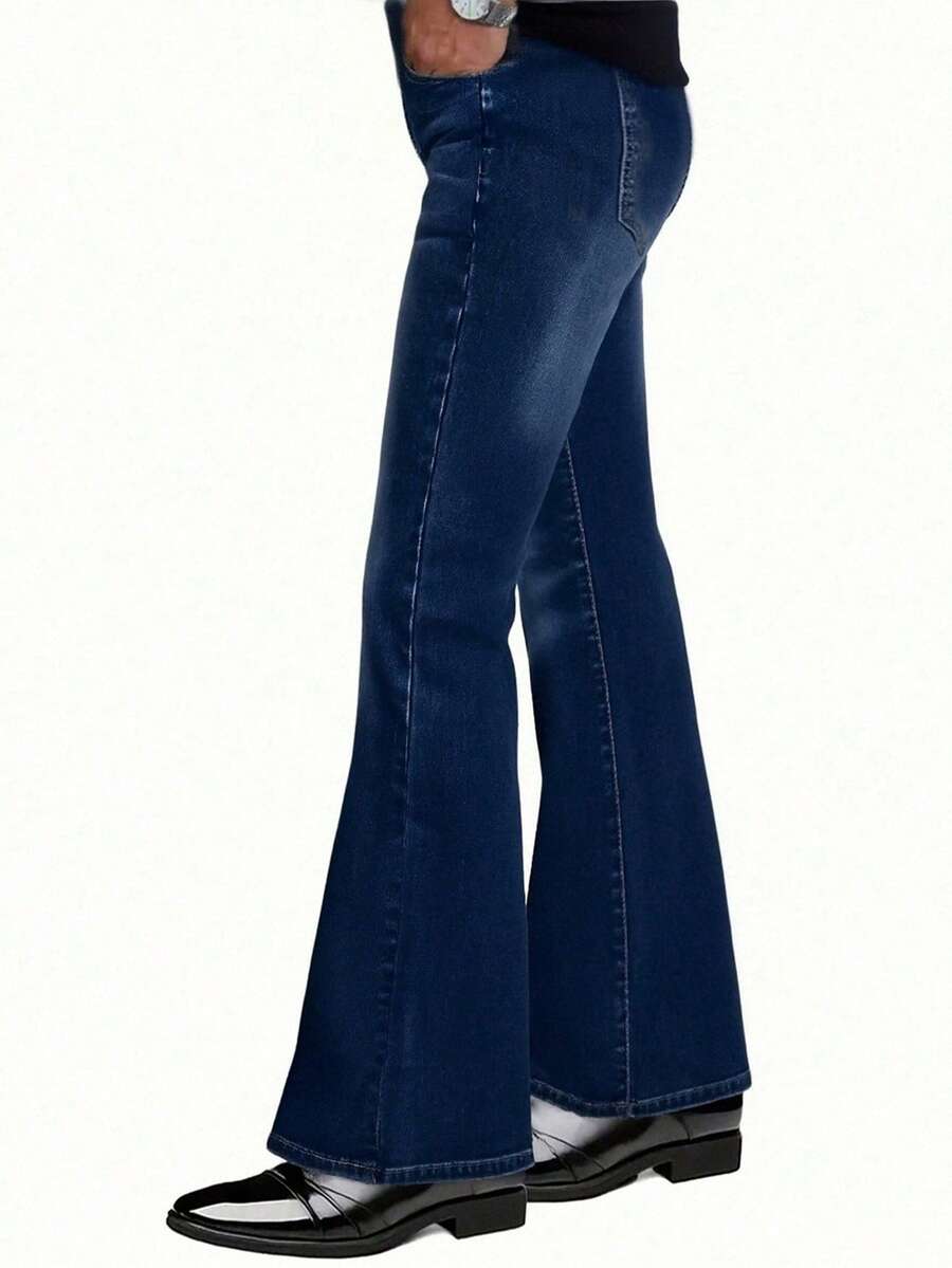YANGCANREN Men's Casual Solid Color Slant Pocket Flared Jeans - Royal Blue - View 1