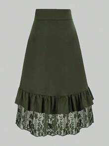 Gothic Style Lace Patchwork Ruffle Hem Solid Color Pirate Skirt - màu đen - Xem 8